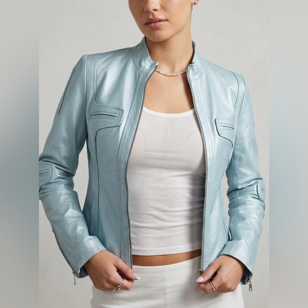 GUESS Vintage Y2K Metallic Blue Leather Moto Jacket